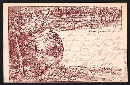 Lithographie Kirchrode, Szenen aus dem Tiergarten, Erlegter Damhirsch und Wildwiese