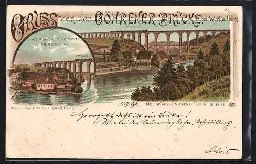 Lithographie Wechselburg, Göhrener Brücke, Ansicht von der Mühle und der Muldenthalbahn