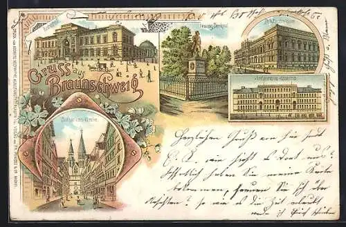 Lithographie Braunschweig, Bahnhof, Lessing-Denkmal, Catharinenkirche, Polytechnikum, Infanterie-Kaserne