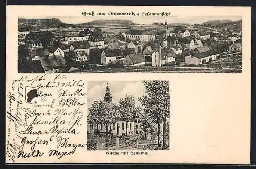 AK Obercrinitz, Gesamtansicht und Kirche mit Denkmal