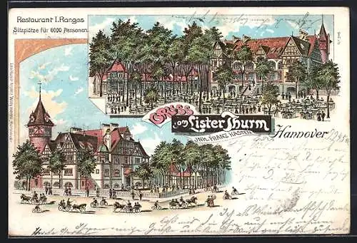 Lithographie Hannover, Gasthaus Listerthurm, Bes. Franz Kasten, Verschiedene Ansichten