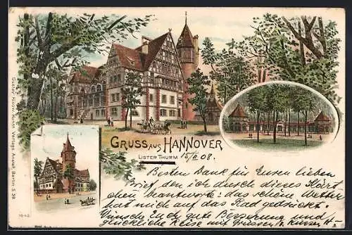 Lithographie Hannover, Blick auf den Gasthof Lister Thurm