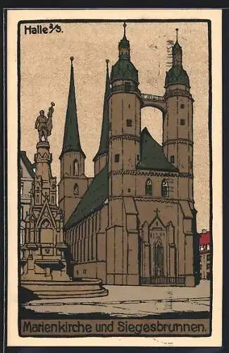 Steindruck-AK Halle / Saale, Marienkirche und Siegesbrunnen auf dem Marktplatz