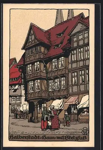 Steindruck-AK Halberstadt, Haus mit Stelzfuss, Pferdegespann