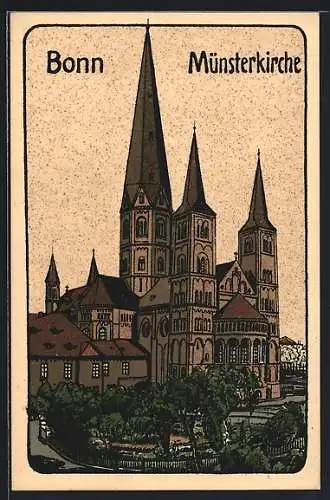 Steindruck-AK Bonn, Blick auf Münsterkirche