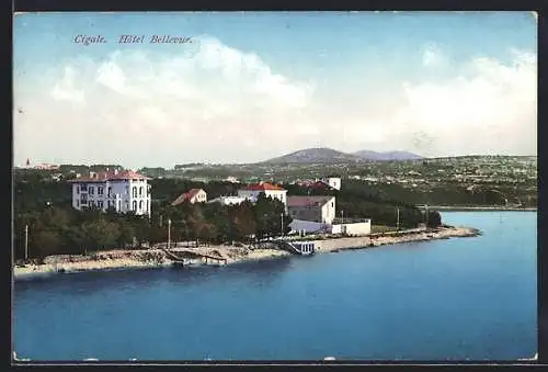 AK Lussinpiccolo-Cigale, Hotel Bellevue aus der Vogelschau