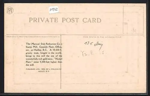 AK Hedley /B. C., Daly Reduction Co.`s Stamp Mill, Passepartout