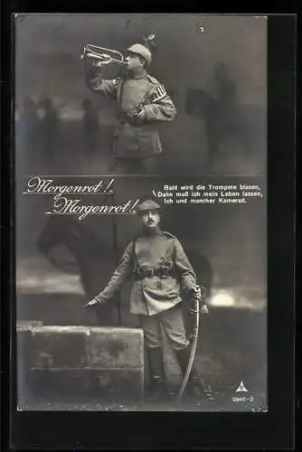 Foto-AK Photochemie Berlin Nr. 2962-2: Militär-Trompeter in Uniform, weiterer Soldat mit Säbel, Studiokulisse