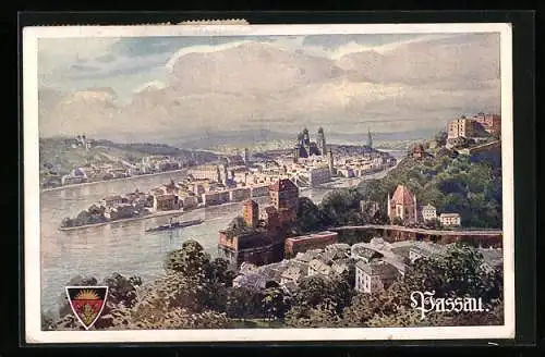 AK Passau, Gesamtansicht an der Donau von oben, Deutscher Schulverein