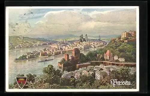 AK Passau, Gesamtansicht an der Donau von oben, Deutscher Schulverein