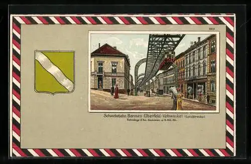 Lithographie Barmen, Schwebebahn Elberfeld-Vohwinkel im Passepartout mit Wappen und Reichsfahne