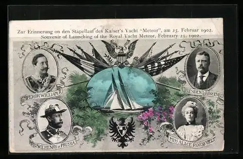 AK Stapellauf der Yacht Meteor 1902, Präsident der USA Roosevelt, Alice Roosevelt, Kaiser Wilhelm II.