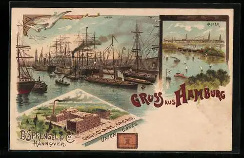 Lithographie Hamburg, Reklame für Kekse von B. Sprengel & Co., Hafen, Alster