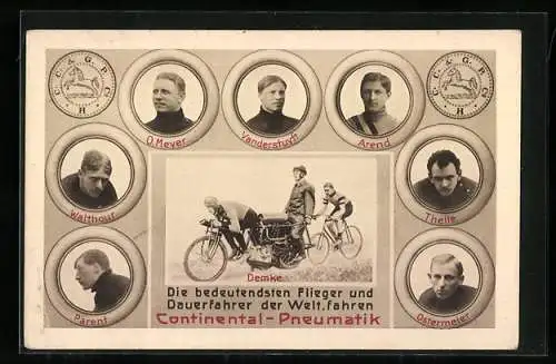 AK Motorrad, Fahrrad im Gespann m.Schrittmachermotorrad, Portraits v. Fliegern u. Dauerfahrern