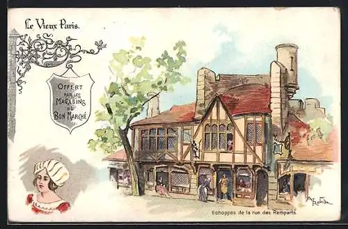 Lithographie Paris, Exposition universelle de 1900, Le Vieux Paris - Echoppes de la rue des Remparts