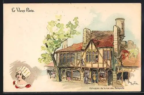 Lithographie Paris, Exposition universelle de 1900, Le Vieux Paris - Echoppes de la rue des Remparts