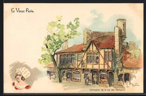 Lithographie Paris, Exposition universelle de 1900, Le Vieux Paris - Echoppes de la rue des Remparts