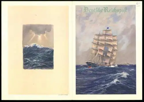 Telegramm Deutsche Reichspost, 1943, Segelschiff auf stürmischer See und Sonnenstrahlen durch Wolken, Entwurf: H. Bohrdt