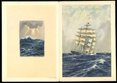 Telegramm Deutsche Reichspost, 1939, Segelschiff auf stürmischer See und Sonnenstrahlen durch Wolken, Entwurf: H. Bohrdt