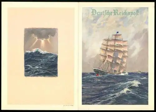 Telegramm Deutsche Reichspost, 1938, Segelschiff auf stürmischer See und Sonnenstrahlen durch Wolken, Entw. Hans Bohrdt