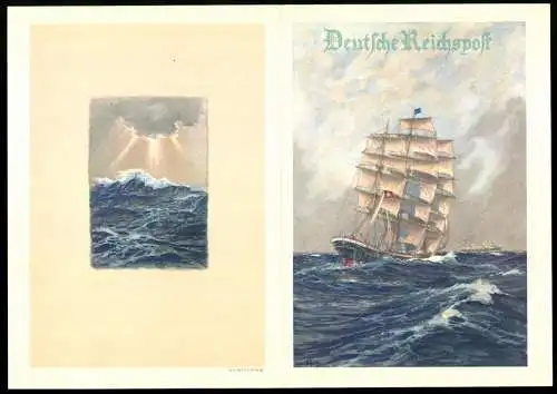 Telegramm Deutsche Reichspost, 1940, Segelschiff auf stürmischer See und Sonnenstrahlen durch Wolken, Entw. Hans Bohrdt