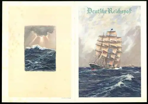 Telegramm Deutsche Reichspost, 1940, Segelschiff auf stürmischer See und Kunstwerk von Sonnenstrahlen durch Wolken