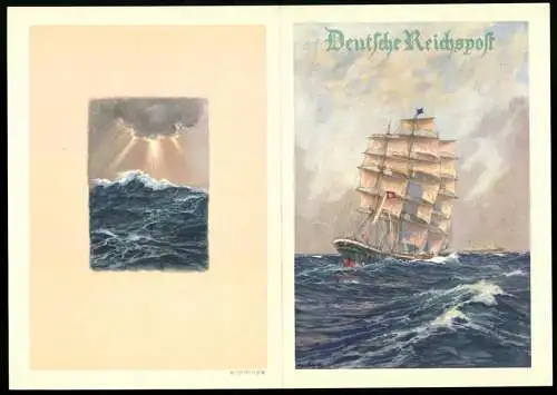 Telegramm Deutsche Reichspost, 1938, Segelschiff auf stürmischer See, Sonnenstrahlen durch Wolken, Entwurf: Hans Bohrdt