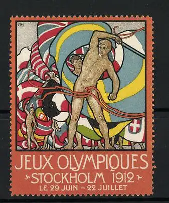 Reklamemarke Stockholm, Jeux Olympiques 1912, Sportler mit internationalen Flaggen