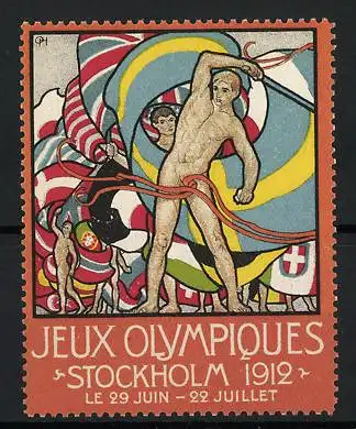 Reklamemarke Stockholm, Jeux Olympiques 1912, Sportler mit internationalen Flaggen