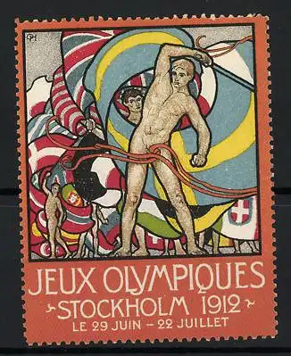 Reklamemarke Stockholm, Jeux Olympiques 1912, Sportler mit internationalen Flaggen