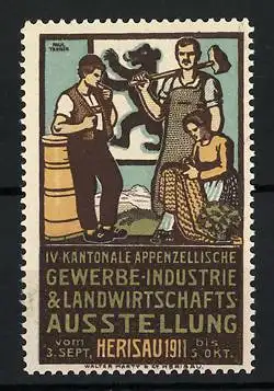 Künstler-Reklamemarke Paul Tanner, Herisau, IV. Kantonale Appenzellerische Gewerbeausstellung 1911, Schmied & Näherin