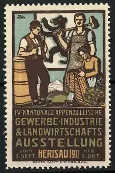 Künstler-Reklamemarke Paul Tanner, Herisau, IV. Kantonale Appenzellerische Gewerbeausstellung 1911, Schmied & Näherin