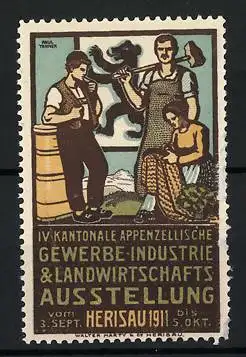 Künstler-Reklamemarke Paul Tanner, Herisau, IV. Kantonale Appenzellerische Gewerbeausstellung 1911, Schmied & Näherin