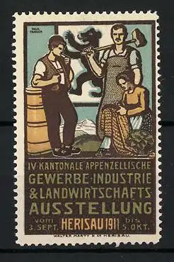 Künstler-Reklamemarke Paul Tanner, Herisau, IV. Kantonale Appenzellerische Gewerbeausstellung 1911, Schmied & Näherin