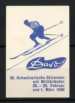 Reklamemarke Davos, 30. Schweizerisches Skirennen mit Miltärläufen 1936, Skispringer