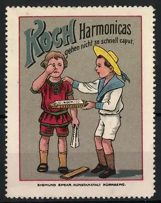 Reklamemarke Koch Harmonicas gehen nicht so schnell kaputt, Bube tröstet einen anderen