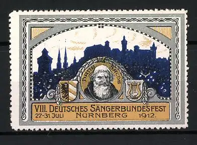 Reklamemarke Nürnberg, VIII. Deutsches Sängerbundesfest 1912, Portrait Hans Sachs vor Burg-Silhouette