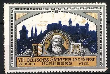 Reklamemarke Nürnberg, VIII. Deutsches Sängerbundesfest 1912, Portrait Hans Sachs vor Burg-Silhouette