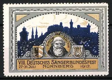 Reklamemarke Nürnberg, VIII. Deutsches Sängerbundesfest 1912, Portrait Hans Sachs vor Burg-Silhouette