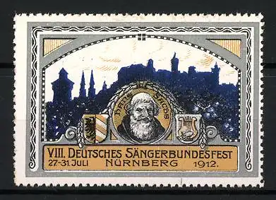 Reklamemarke Nürnberg, VIII. Deutsches Sängerbundesfest 1912, Portrait Hans Sachs vor Burg-Silhouette