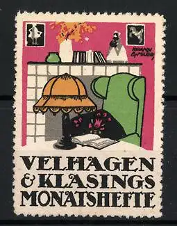 Künstler-Reklamemarke J.B. Maier, Velhagen & Klasings Monatshefte, Sessel mit Leselampe