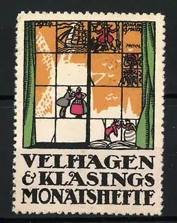 Künstler-Reklamemarke J.B. Maier, Velhagen & Klasings Monatshefte, Blick durch ein Fenster auf die Windmühle