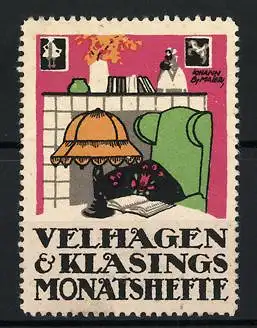 Künstler-Reklamemarke J.B. Maier, Velhagen & Klasings Monatshefte, Sessel mit Leselampe