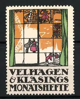 Künstler-Reklamemarke J.B. Maier, Velhagen & Klasings Monatshefte, Blick durch ein Fenster auf die Windmühle