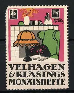 Künstler-Reklamemarke J.B. Maier, Velhagen & Klasings Monatshefte, Sessel mit Leselampe