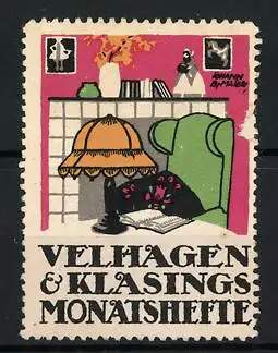 Künstler-Reklamemarke J.B. Maier, Velhagen & Klasings Monatshefte, Sessel mit Leselampe