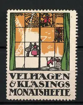 Künstler-Reklamemarke J.B. Maier, Velhagen & Klasings Monatshefte, Blick durch ein Fenster auf die Windmühle