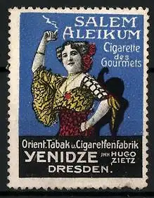 Reklamemarke Salem Aleikum Cigarette des Gourmets, Orient. Tabak und Cigarettenfabrik Yenizde, Dresden, Frau in Tracht