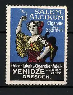 Reklamemarke Salem Aleikum Cigarette des Gourmets, Orient. Tabak und Cigarettenfabrik Yenizde, Dresden, Frau in Tracht