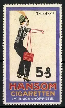 Reklamemarke Hansom Cigaretten im Druckknopf-Etui, hübsche Frau mit Handtasche